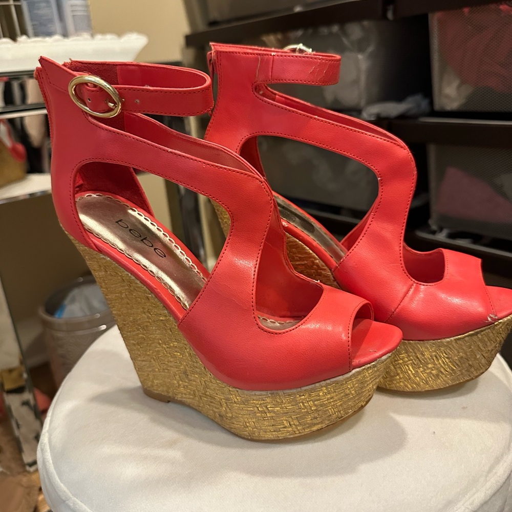 BEBE PINK WEDGE SANDALS